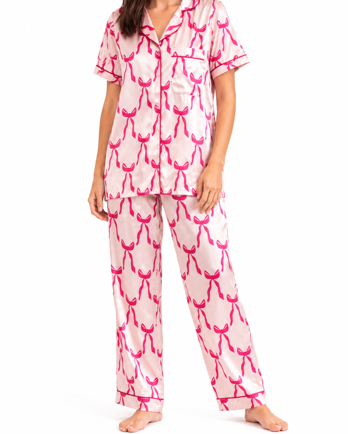 PINK BOW SATIN SET